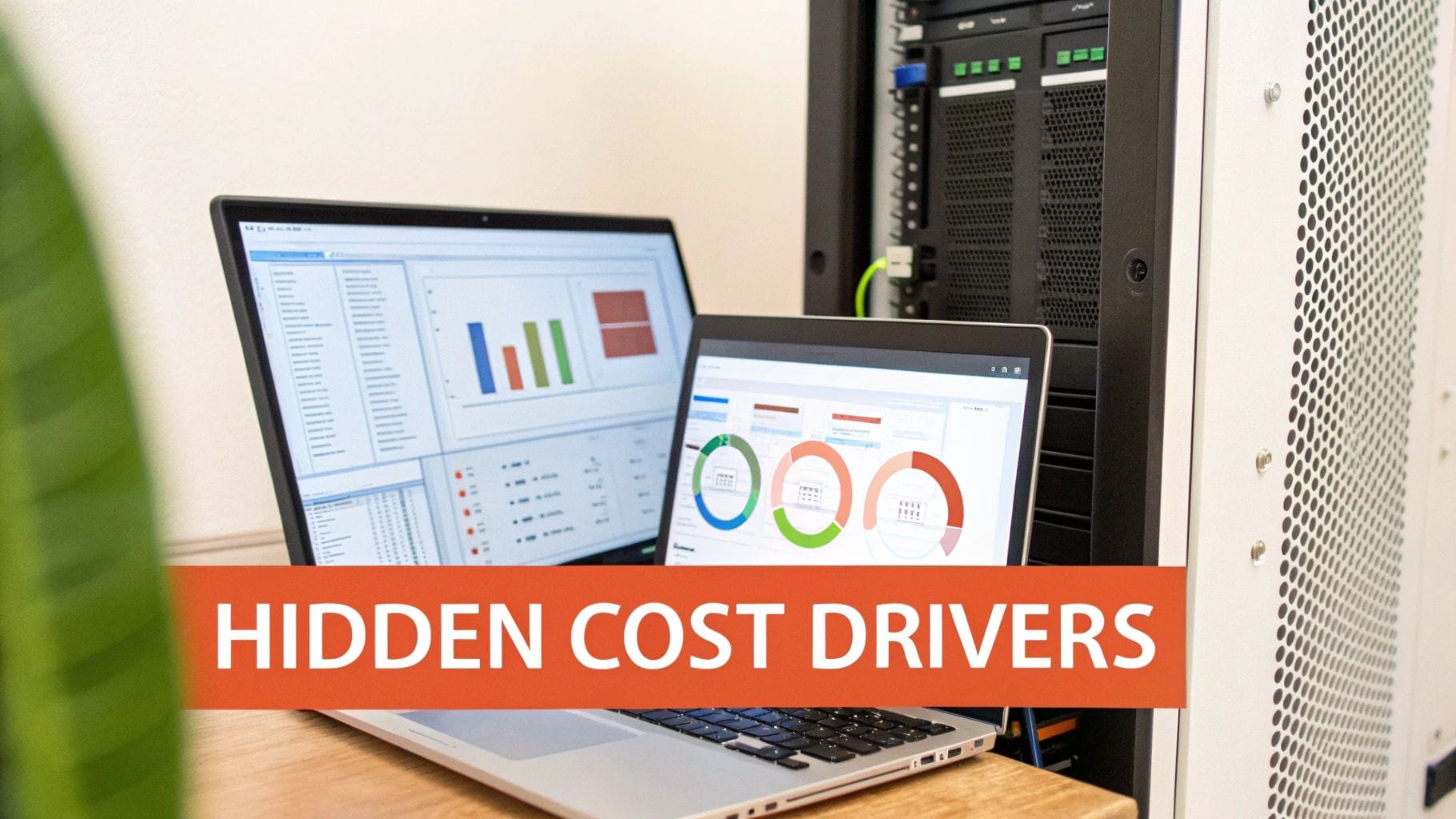 Laptops displaying cost analysis dashboards near a server rack with 'HIDDEN COST DRIVERS' banner.