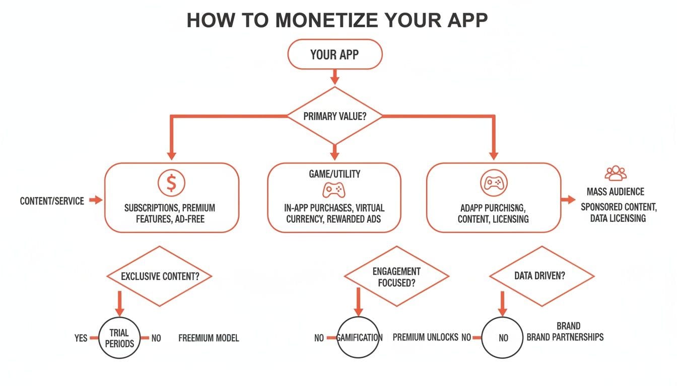 Flowchart illustrating various strategies and decision points for monetizing a mobile application.