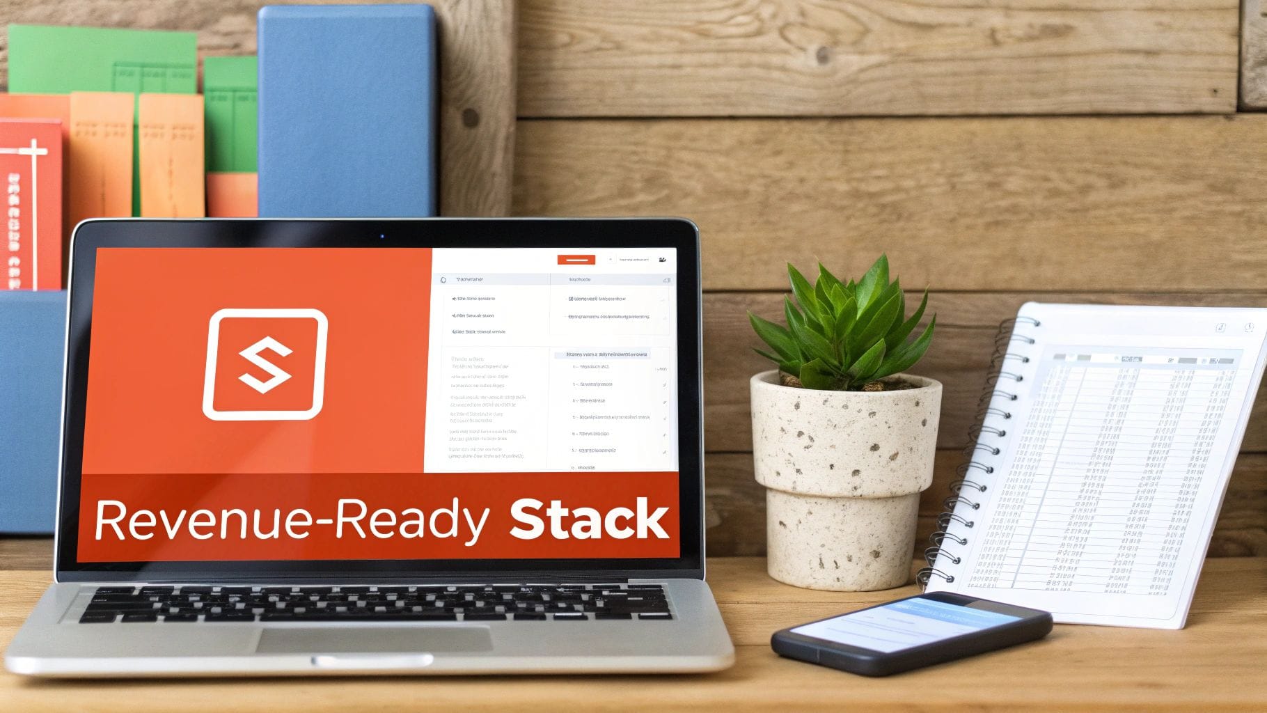 A modern workspace setup featuring a laptop displaying 'Revenue-Ready Stack', a plant, phone, and notebook.