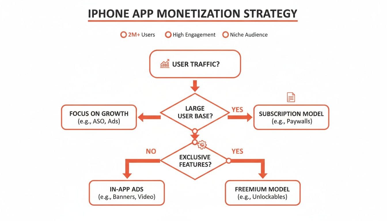 Flowchart illustrating iPhone app monetization strategies based on user base, traffic, and exclusive features.