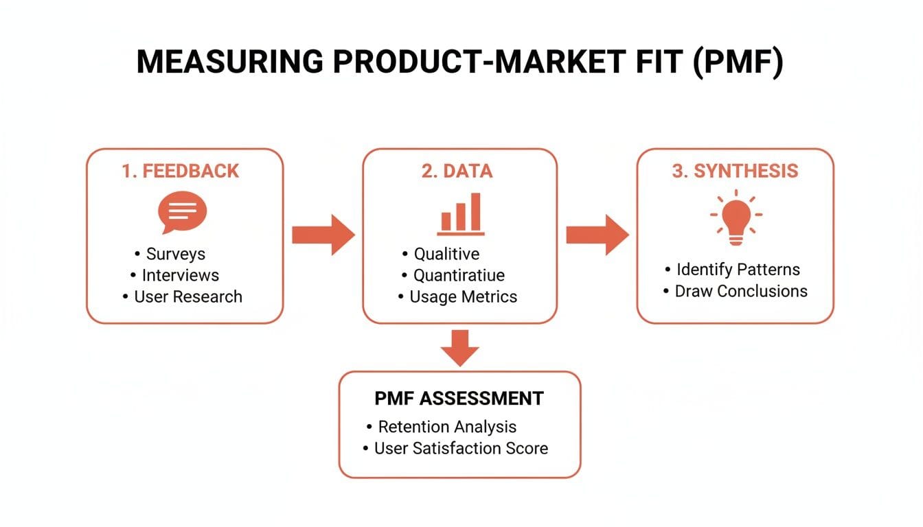 Flowchart illustrating the process of measuring product-market fit (PMF) through feedback, data, and synthesis.