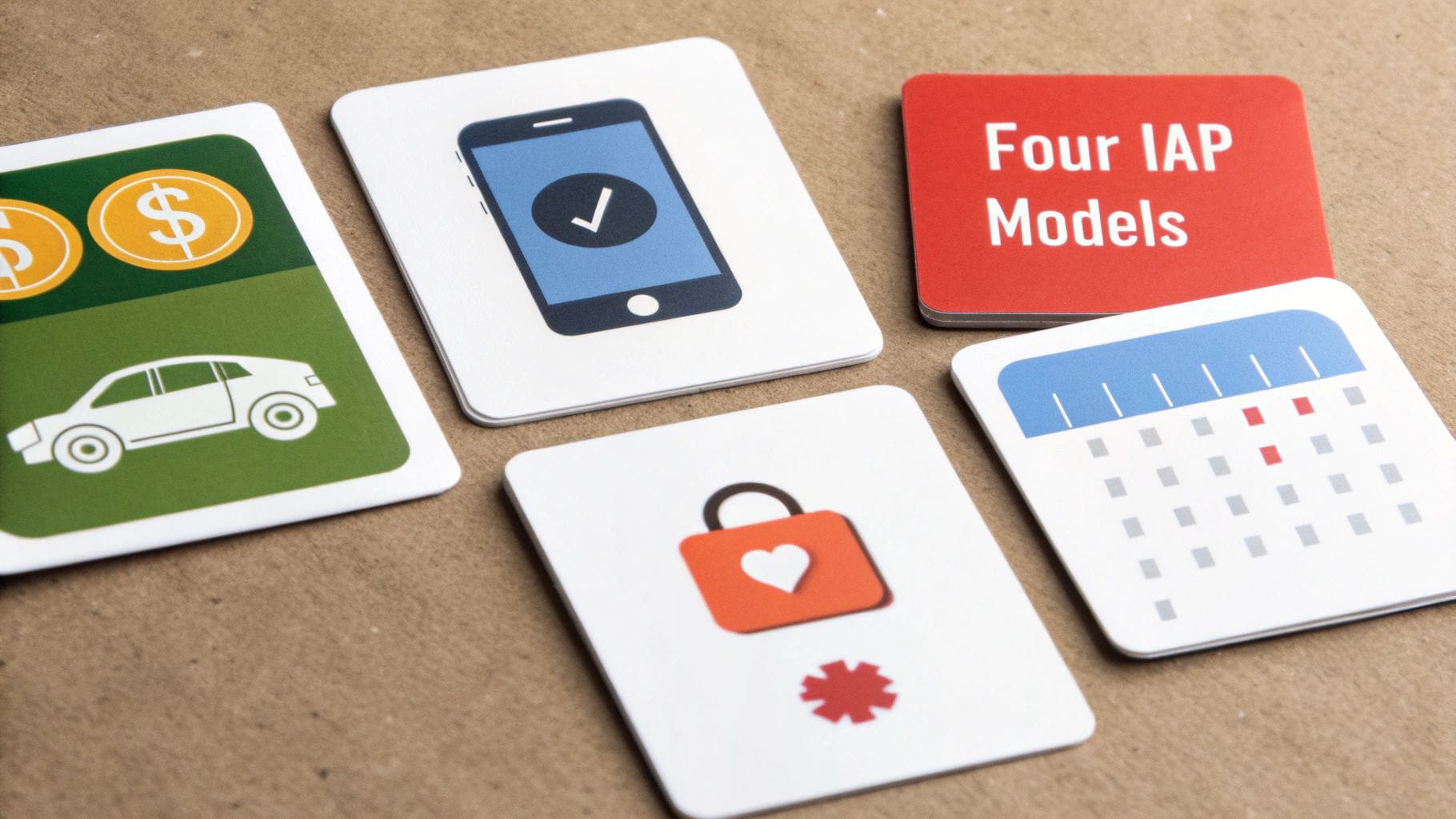 Cards illustrating four distinct in-app purchase models, including one-time, subscription, and premium features.