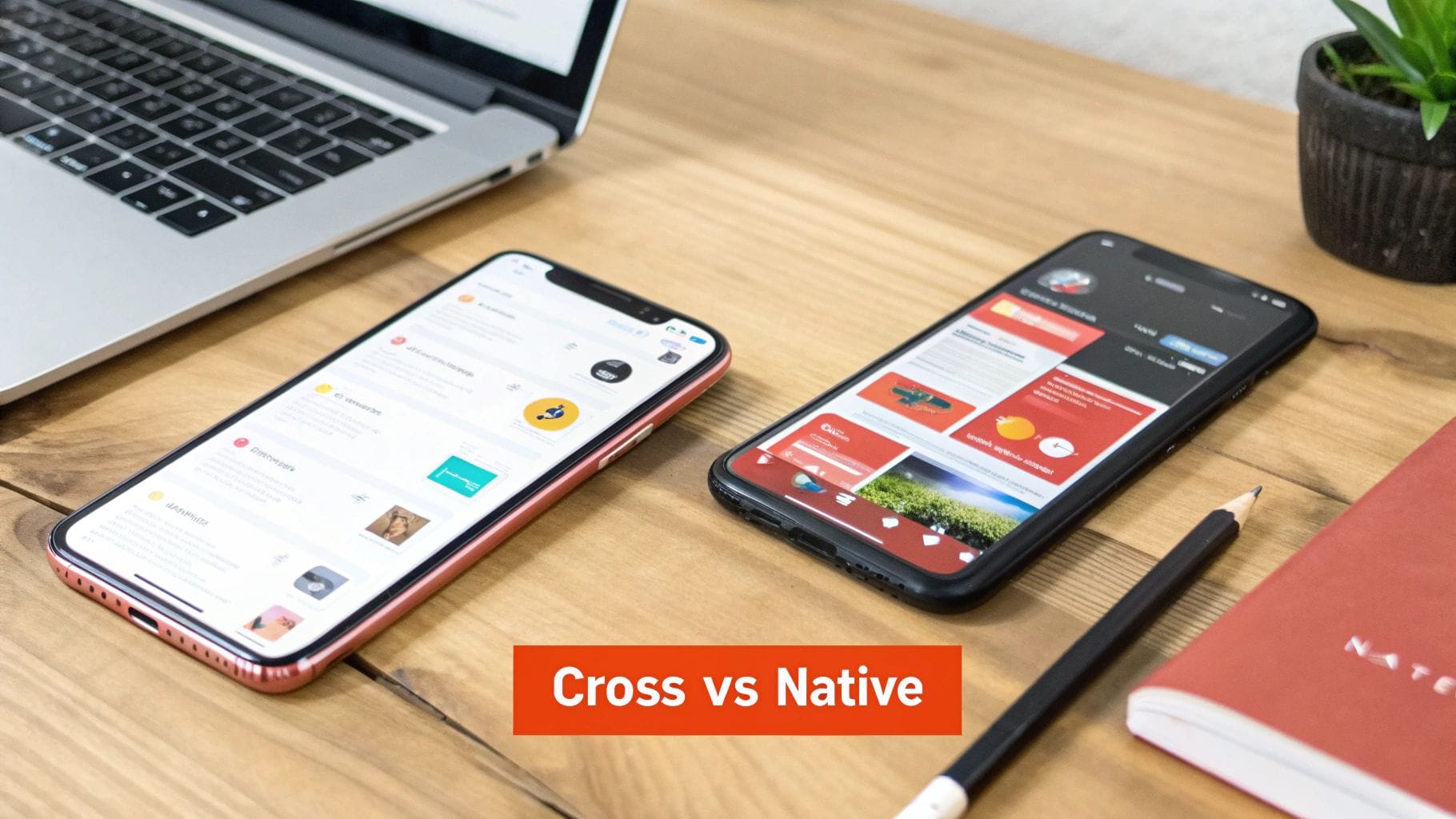 Two smartphones on a wooden desk comparing cross-platform and native app development.