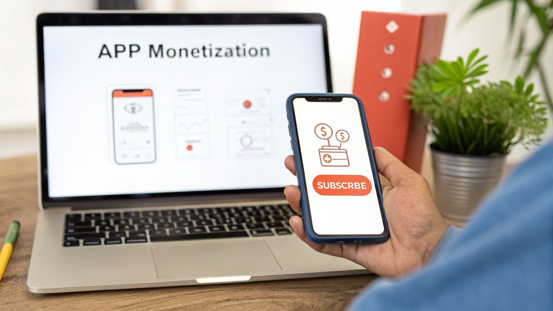 A person holding a smartphone with a subscribe button and money icon, while a laptop shows app monetization.