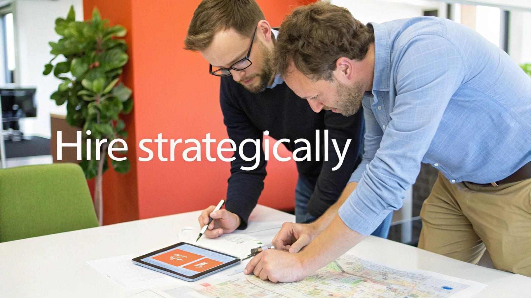 Two men collaborate over a tablet and map in an office, discussing strategic hiring.