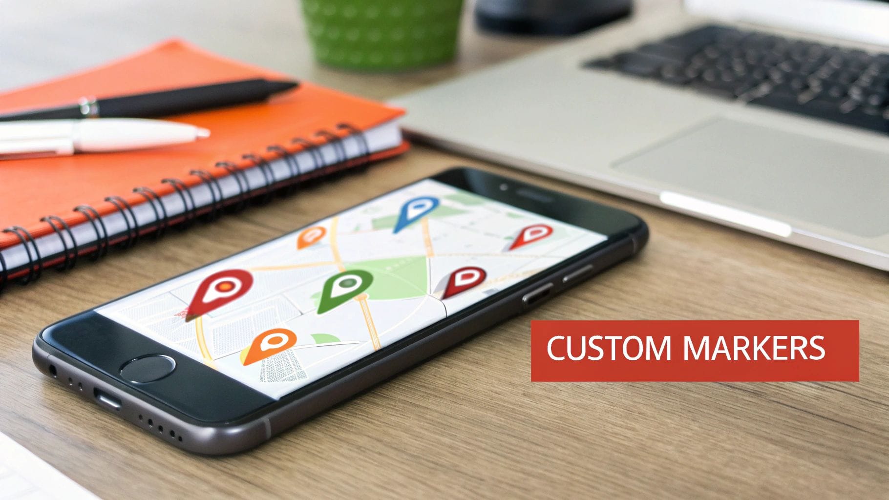 A smartphone on a wooden desk displaying a map with colorful custom location markers.