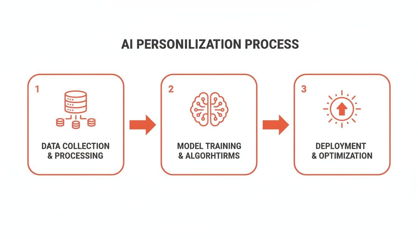 A three-step infographic illustrating the AI personalization process from data collection to deployment and optimization.