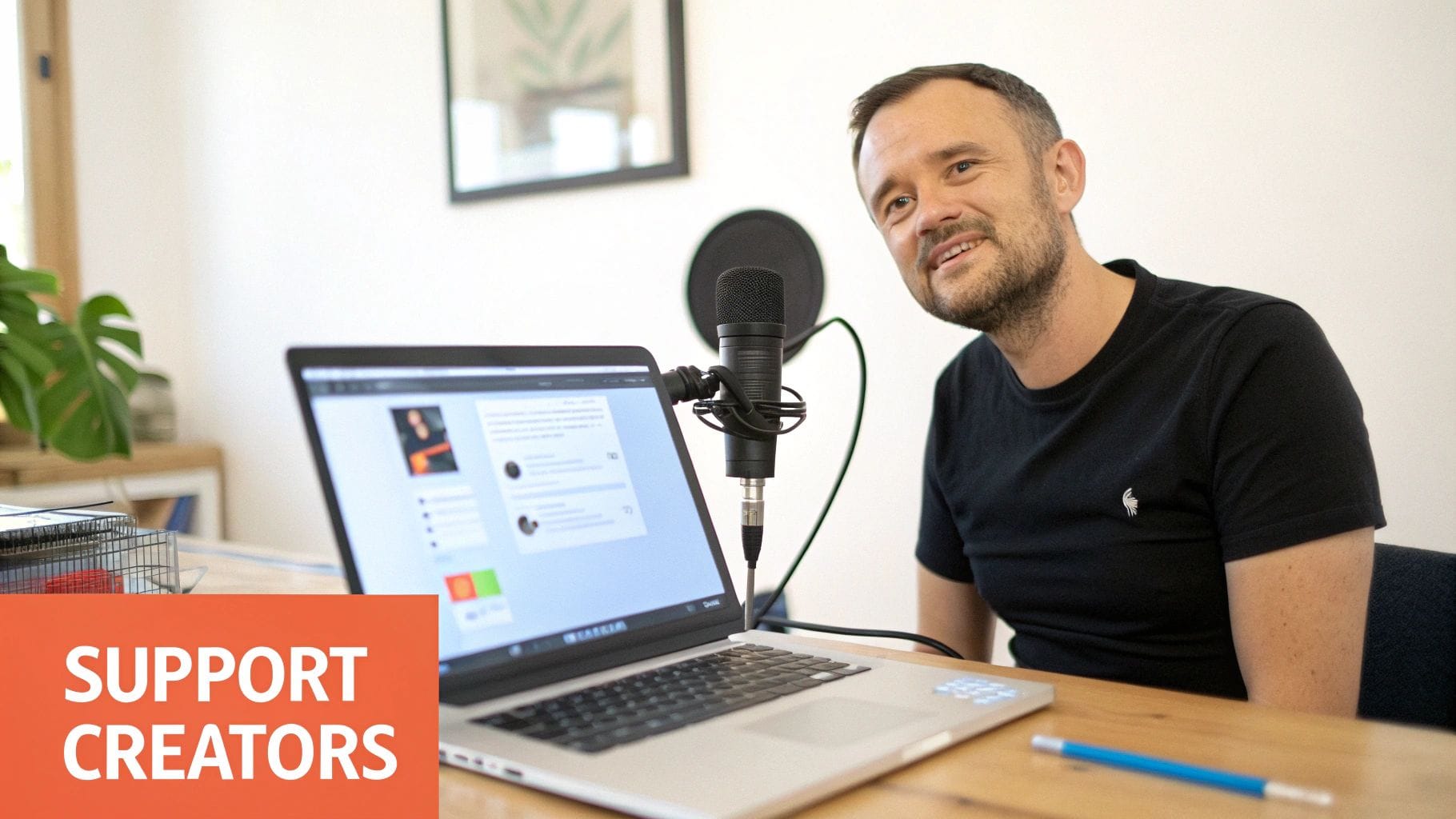 A smiling man podcasting or streaming with a laptop and microphone, promoting creator support.